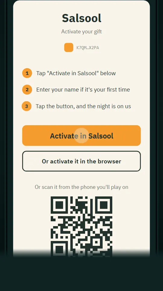 The gift code activation page