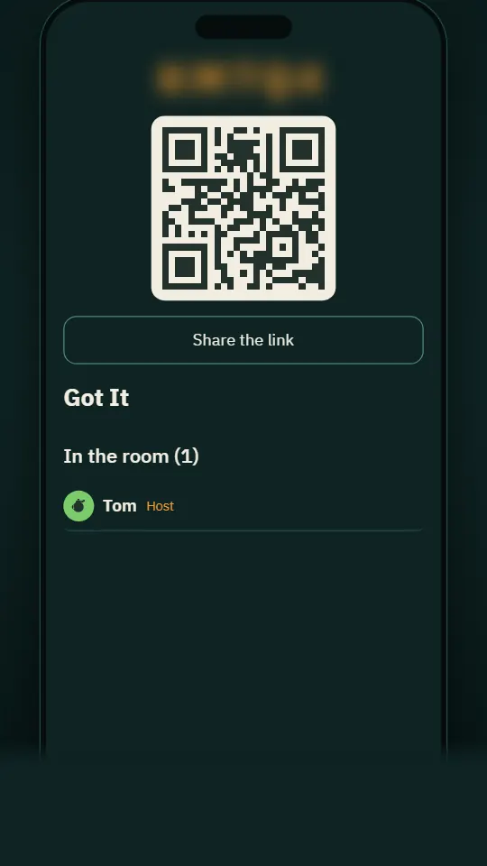 A new room with a QR code and a link to share